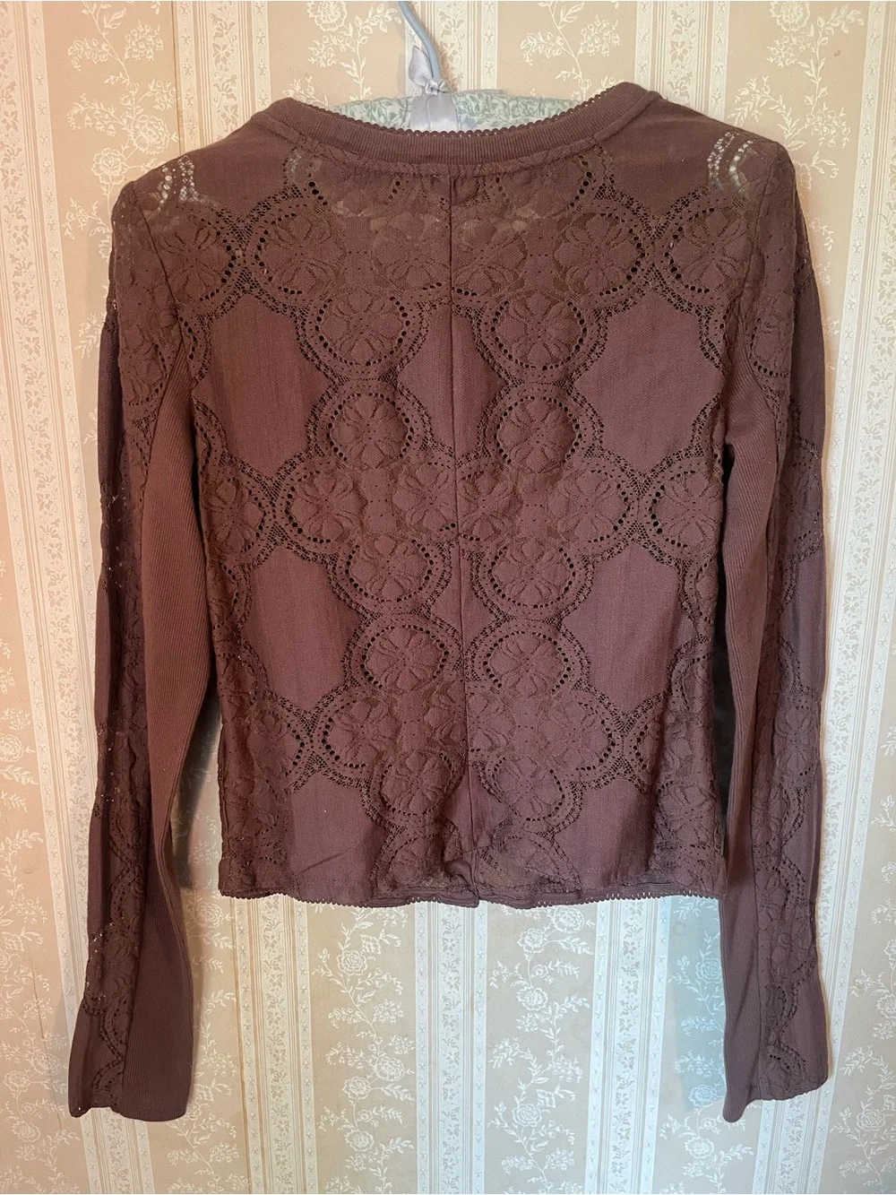 Free People Boho Brown Lace Button-Front Long Sleeve Top NWT - Women’s XS